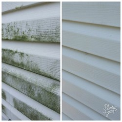 Pressure washed house siding before and after